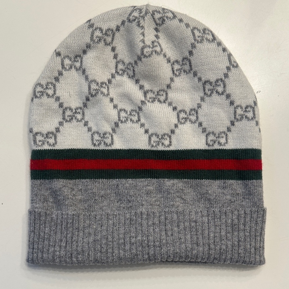 Gucci White and Gray Logo Beanie